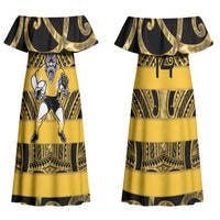 Taranaki Custom Rugby New Zealand Couples Matching Off Shoulder Maxi Dress and Long Sleeve Button Shirt Aotearoa Maori Pukana Tiki Mascot