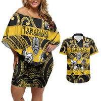 Taranaki Custom Rugby New Zealand Couples Matching Off Shoulder Short Dress and Hawaiian Shirt Aotearoa Maori Pukana Tiki Mascot