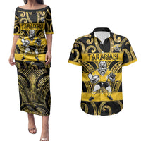 Taranaki Custom Rugby New Zealand Couples Matching Puletasi and Hawaiian Shirt Aotearoa Maori Pukana Tiki Mascot