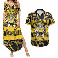 Taranaki Custom Rugby New Zealand Couples Matching Summer Maxi Dress and Hawaiian Shirt Aotearoa Maori Pukana Tiki Mascot