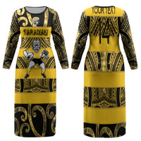 Taranaki Custom Rugby New Zealand Family Matching Long Sleeve Bodycon Dress and Hawaiian Shirt Aotearoa Maori Pukana Tiki Mascot