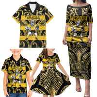 Taranaki Custom Rugby New Zealand Family Matching Puletasi and Hawaiian Shirt Aotearoa Maori Pukana Tiki Mascot
