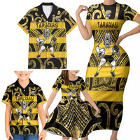 Taranaki Custom Rugby New Zealand Family Matching Short Sleeve Bodycon Dress and Hawaiian Shirt Aotearoa Maori Pukana Tiki Mascot