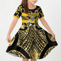 Taranaki Custom Rugby New Zealand Kid Short Sleeve Dress Aotearoa Maori Pukana Tiki Mascot