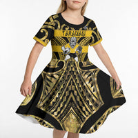 Taranaki Custom Rugby New Zealand Kid Short Sleeve Dress Aotearoa Maori Pukana Tiki Mascot