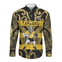 Taranaki Custom Rugby New Zealand Long Sleeve Button Shirt Aotearoa Maori Pukana Tiki Mascot