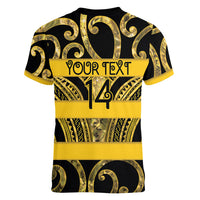 Taranaki Custom Rugby New Zealand Women V-Neck T-Shirt Aotearoa Maori Pukana Tiki Mascot