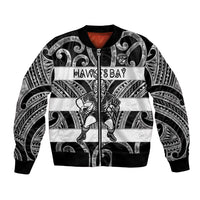 Hawke's Bay Custom Rugby New Zealand Bomber Jacket Aotearoa Maori Pukana Tiki Mascot