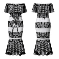 Hawke's Bay Custom Rugby New Zealand Couples Matching Mermaid Dress and Long Sleeve Button Shirt Aotearoa Maori Pukana Tiki Mascot