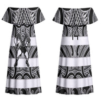Hawke's Bay Custom Rugby New Zealand Couples Matching Off Shoulder Maxi Dress and Long Sleeve Button Shirt Aotearoa Maori Pukana Tiki Mascot