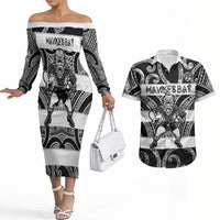 Hawke's Bay Custom Rugby New Zealand Couples Matching Off The Shoulder Long Sleeve Dress and Hawaiian Shirt Aotearoa Maori Pukana Tiki Mascot