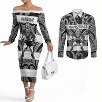 Hawke's Bay Custom Rugby New Zealand Couples Matching Off The Shoulder Long Sleeve Dress and Long Sleeve Button Shirt Aotearoa Maori Pukana Tiki Mascot