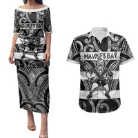 Hawke's Bay Custom Rugby New Zealand Couples Matching Puletasi and Hawaiian Shirt Aotearoa Maori Pukana Tiki Mascot