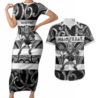 Hawke's Bay Custom Rugby New Zealand Couples Matching Short Sleeve Bodycon Dress and Hawaiian Shirt Aotearoa Maori Pukana Tiki Mascot