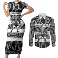 Hawke's Bay Custom Rugby New Zealand Couples Matching Short Sleeve Bodycon Dress and Long Sleeve Button Shirt Aotearoa Maori Pukana Tiki Mascot