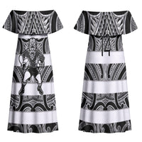 Hawke's Bay Custom Rugby New Zealand Family Matching Off Shoulder Maxi Dress and Hawaiian Shirt Aotearoa Maori Pukana Tiki Mascot