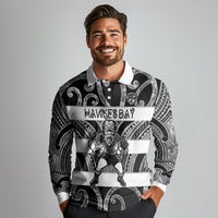 Hawke's Bay Custom Rugby New Zealand Long Sleeve Polo Shirt Aotearoa Maori Pukana Tiki Mascot