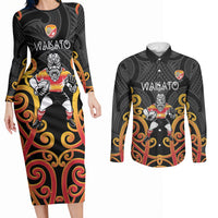 Waikato Custom Rugby New Zealand Couples Matching Long Sleeve Bodycon Dress and Long Sleeve Button Shirt Aotearoa Maori Pukana Tiki Mascot