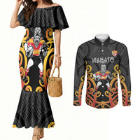 Waikato Custom Rugby New Zealand Couples Matching Mermaid Dress and Long Sleeve Button Shirt Aotearoa Maori Pukana Tiki Mascot