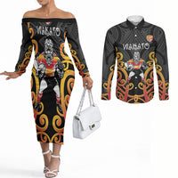 Waikato Custom Rugby New Zealand Couples Matching Off The Shoulder Long Sleeve Dress and Long Sleeve Button Shirt Aotearoa Maori Pukana Tiki Mascot