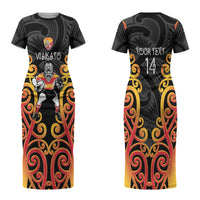Waikato Custom Rugby New Zealand Couples Matching Short Sleeve Bodycon Dress and Hawaiian Shirt Aotearoa Maori Pukana Tiki Mascot