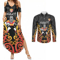 Waikato Custom Rugby New Zealand Couples Matching Summer Maxi Dress and Long Sleeve Button Shirt Aotearoa Maori Pukana Tiki Mascot