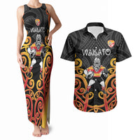 Waikato Custom Rugby New Zealand Couples Matching Tank Maxi Dress and Hawaiian Shirt Aotearoa Maori Pukana Tiki Mascot