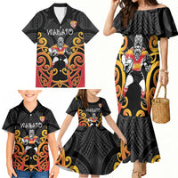 Waikato Custom Rugby New Zealand Family Matching Mermaid Dress and Hawaiian Shirt Aotearoa Maori Pukana Tiki Mascot