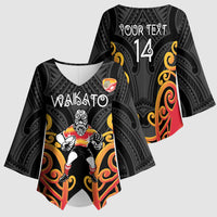 Waikato Custom Rugby New Zealand Kimono Sleeve Blouse Aotearoa Maori Pukana Tiki Mascot