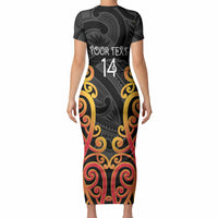 Waikato Custom Rugby New Zealand Short Sleeve Bodycon Dress Aotearoa Maori Pukana Tiki Mascot