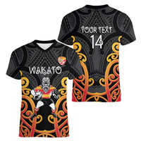 Waikato Custom Rugby New Zealand Women V-Neck T-Shirt Aotearoa Maori Pukana Tiki Mascot