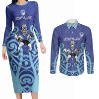 Northland Custom Rugby New Zealand Couples Matching Long Sleeve Bodycon Dress and Long Sleeve Button Shirt Aotearoa Maori Pukana Tiki Mascot