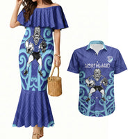 Northland Custom Rugby New Zealand Couples Matching Mermaid Dress and Hawaiian Shirt Aotearoa Maori Pukana Tiki Mascot
