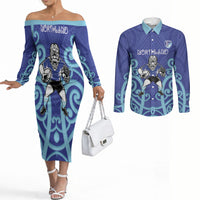 Northland Custom Rugby New Zealand Couples Matching Off The Shoulder Long Sleeve Dress and Long Sleeve Button Shirt Aotearoa Maori Pukana Tiki Mascot