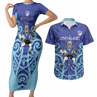 Northland Custom Rugby New Zealand Couples Matching Short Sleeve Bodycon Dress and Hawaiian Shirt Aotearoa Maori Pukana Tiki Mascot