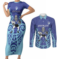 Northland Custom Rugby New Zealand Couples Matching Short Sleeve Bodycon Dress and Long Sleeve Button Shirt Aotearoa Maori Pukana Tiki Mascot