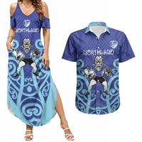 Northland Custom Rugby New Zealand Couples Matching Summer Maxi Dress and Hawaiian Shirt Aotearoa Maori Pukana Tiki Mascot