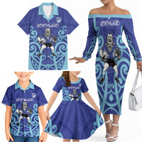 Northland Custom Rugby New Zealand Family Matching Off The Shoulder Long Sleeve Dress and Hawaiian Shirt Aotearoa Maori Pukana Tiki Mascot