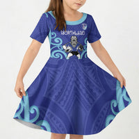 Northland Custom Rugby New Zealand Kid Short Sleeve Dress Aotearoa Maori Pukana Tiki Mascot