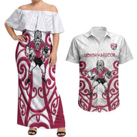 North Harbour Custom Rugby New Zealand Couples Matching Off Shoulder Maxi Dress and Hawaiian Shirt Aotearoa Maori Pukana Tiki Mascot