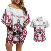 North Harbour Custom Rugby New Zealand Couples Matching Off Shoulder Short Dress and Hawaiian Shirt Aotearoa Maori Pukana Tiki Mascot