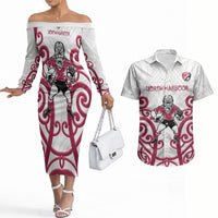 North Harbour Custom Rugby New Zealand Couples Matching Off The Shoulder Long Sleeve Dress and Hawaiian Shirt Aotearoa Maori Pukana Tiki Mascot