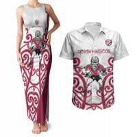 North Harbour Custom Rugby New Zealand Couples Matching Tank Maxi Dress and Hawaiian Shirt Aotearoa Maori Pukana Tiki Mascot
