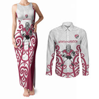 North Harbour Custom Rugby New Zealand Couples Matching Tank Maxi Dress and Long Sleeve Button Shirt Aotearoa Maori Pukana Tiki Mascot