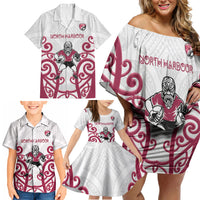 North Harbour Custom Rugby New Zealand Family Matching Off Shoulder Short Dress and Hawaiian Shirt Aotearoa Maori Pukana Tiki Mascot