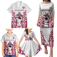 North Harbour Custom Rugby New Zealand Family Matching Puletasi and Hawaiian Shirt Aotearoa Maori Pukana Tiki Mascot