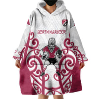 North Harbour Custom Rugby New Zealand Wearable Blanket Hoodie Aotearoa Maori Pukana Tiki Mascot