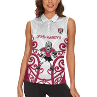 North Harbour Custom Rugby New Zealand Women Sleeveless Polo Shirt Aotearoa Maori Pukana Tiki Mascot
