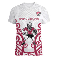 North Harbour Custom Rugby New Zealand Women V-Neck T-Shirt Aotearoa Maori Pukana Tiki Mascot