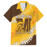 Personalized Mililani Hawaii High School Family Matching Off Shoulder Maxi Dress and Hawaiian Shirt Puakenikeni Lei Hawaiian Pattern LT14 Dad's Shirt - Short Sleeve Yellow - Polynesian Pride